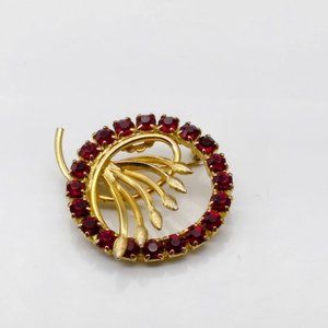 Rich Red Floral Wreath Brooch, Crystal Lapel Pin with Gold Tone Spray